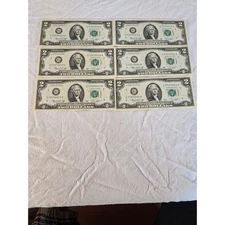 Uncirculated $2 Two Dollar Bill Lot 6 Consecutive Serial Numbers 1976 Currency