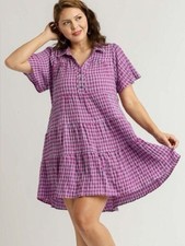 NEW Umgee Shades of Purple Gingham Tiered Mini Shirt Dress 2XL Picnic Festival