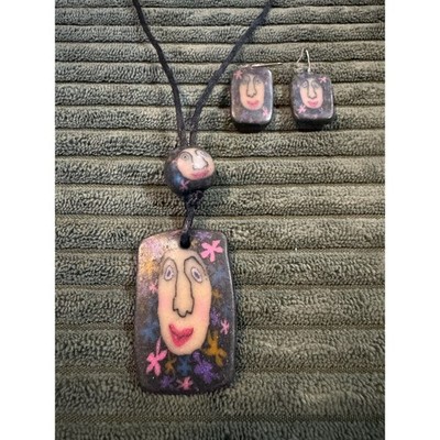 Whimsical Face Necklace and Earrings Set, Folk Art Style Jewelry, Unique Gift