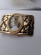 Belt Buckle 2 HORSE HEADS WHITE BROWN Gold tone NEW Western Cowboy/Cowgirl.