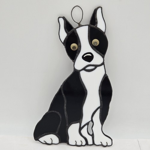 Stained Glass Boston Terrier Dog Leaded Suncatcher Handmade Black White 10"