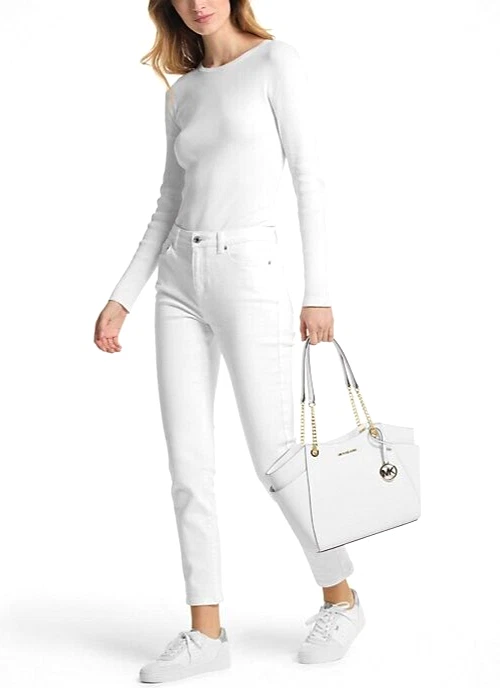 Nuova borsa a tracolla Michael Kors Jet Set grande in pelle bianca ottica con dust bag