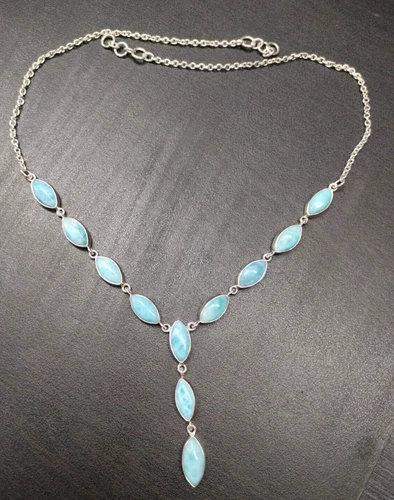 NEW Natural Larimar Gemstone Lariat Necklace 925 Silver Jewelry Anniversary Gift