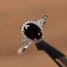 Dainty Black Onyx Ring Natural Oval Gemstone 925 Sterling Silver Women Ring