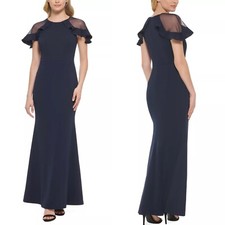 NEW ELIZA J Navy MESH Ruffle FLUTTERY Sleeve CREPE Mermaid EVENING Dress GOWN 6