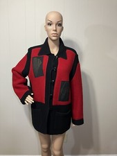 Women's "south Wool" 100% Virgin Wool Toggle Button Red & Black Sweater Jacket M