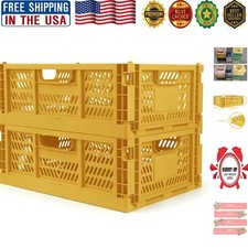 Durable Foldable Plastic Crates - 2-Pack in Golden Yellow for Home Office
