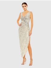 MAC DUGGAL 5757 SILVER SEQUINED FAUW WRAP SLEEVELESS MIDI DRESS GOWN sz  2