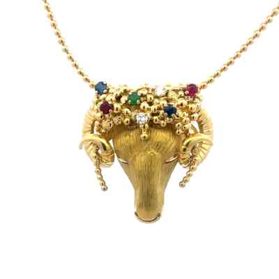 6938 Diamond Gold 3D Ram Head Pendant Gemstone 18k Yellow Bead Chain Necklace