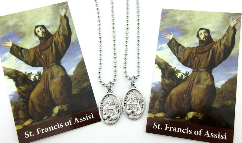 2 pc Lot St Francis of Assisi Medal,Necklace,Silver Plated,No Tarnish Chain