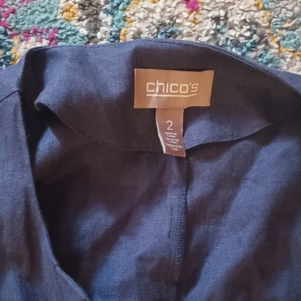 Chico's Blue Linen Lagenlook Jacket Blazer organza detail 2 LG - Image 4 of 4