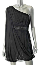 AQUA ~ Black Draped Chiffon Grecian One Shoulder Party Dress 6 NEW $168
