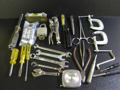 Over 20 MINI TOOLS * WRENCHES, SCREW DRIVERS, CLAMPS, PADLOCK, LEVEL, SNIPS ++
