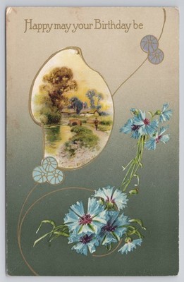 Antique Birthday Postcard Blue Cornflowers Landscape Art Nouveau JB Co 1914
