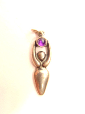 sterling silver charm: stylized woman holding purple crystal above her head