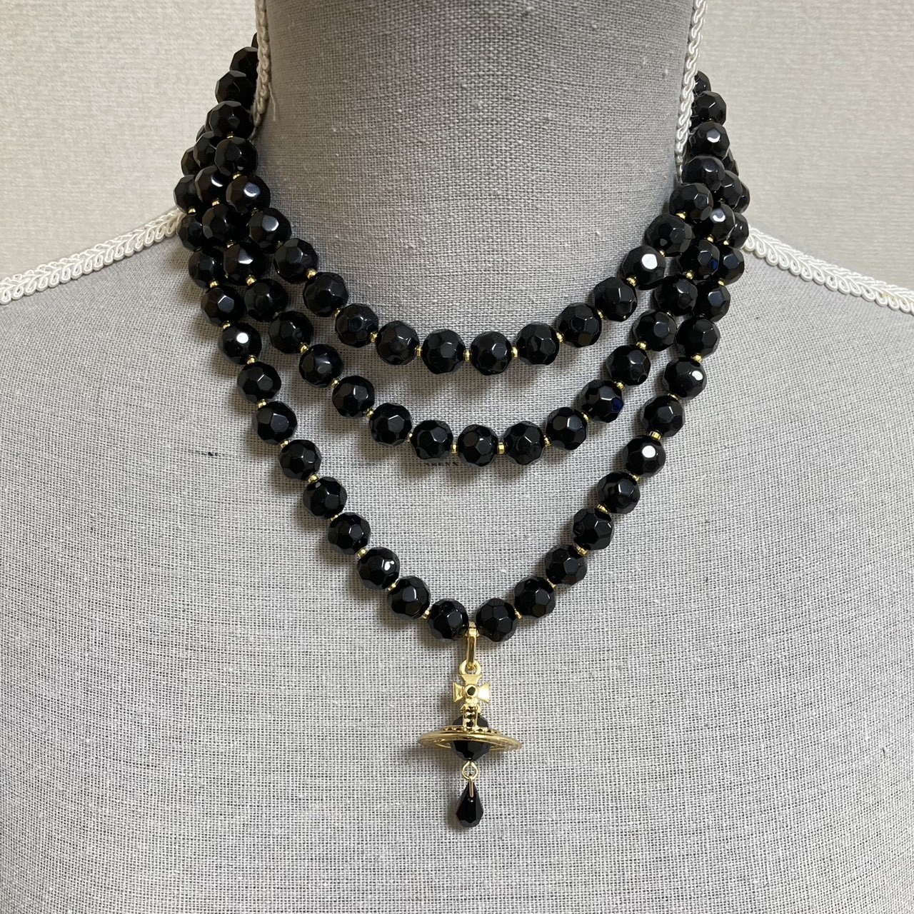 Vivienne Westwood Necklace 3-Strand Drop Choker Black Gold NO BOX