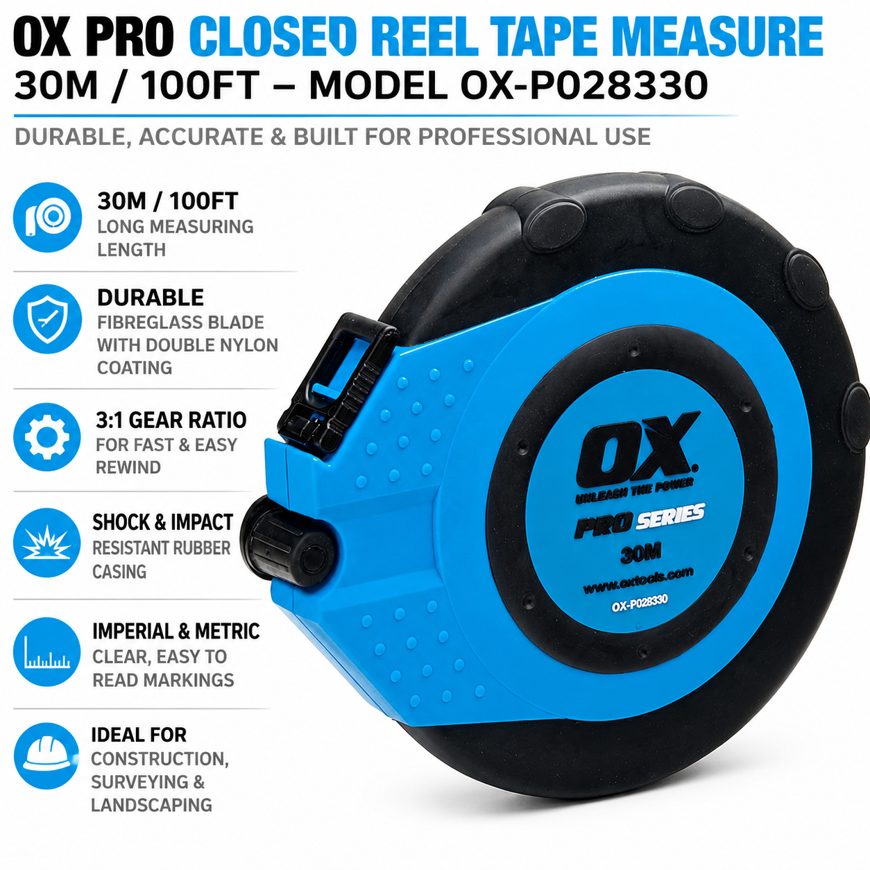 Ox Group Uk Ox Tools Ox-P028330 Ox Pro Fibreglass Closed Reel Tape - 30M / 100Ft Ea - Image 2