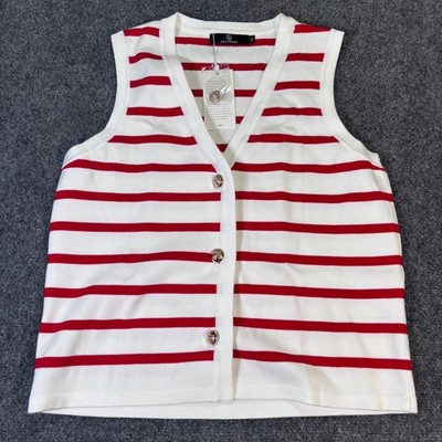 LILLUSORY Striped Sweater Vest Womens Medium White Red Gold Button NWT LSa1007