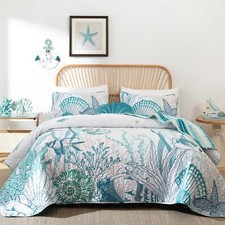 Coastal Quilts Bedding Set Queen Size, Summer Green Fish Coral Nautical Beddi...