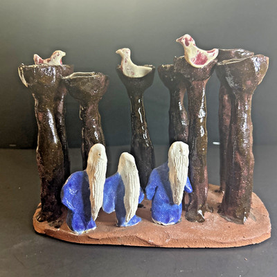 Handmade Studio Art Ceramic Hanukkah Menorah Rabbis & Doves Folk Art Judaica