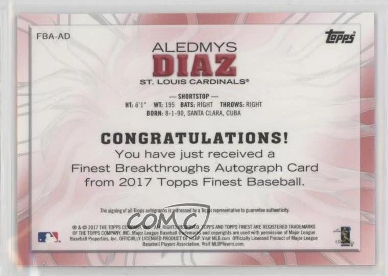 2017 Topps Finest Breakthroughs Orange Refractor /25 Aledmys Diaz #FBA-AD Auto - Image 2 of 2