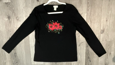 True Self Women's Black Blouse Sequin Poinsettia Pattern Beaded Holiday Size M