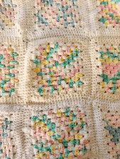 Vintage knit baby blanket rectangular crib size cream white pastel pink mint gre