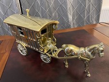 Antique Brass Horse and Carriage Cart Gypsy Wagon Heavy Vintage