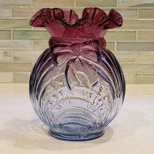 Fenton Mulberry Caprice Vase Blue Drape Bowtie Ruffled Edge