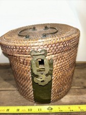Vintage Antique Hand Made Asian Woven Lined  Picnic Lunch Basket Brass RARE!