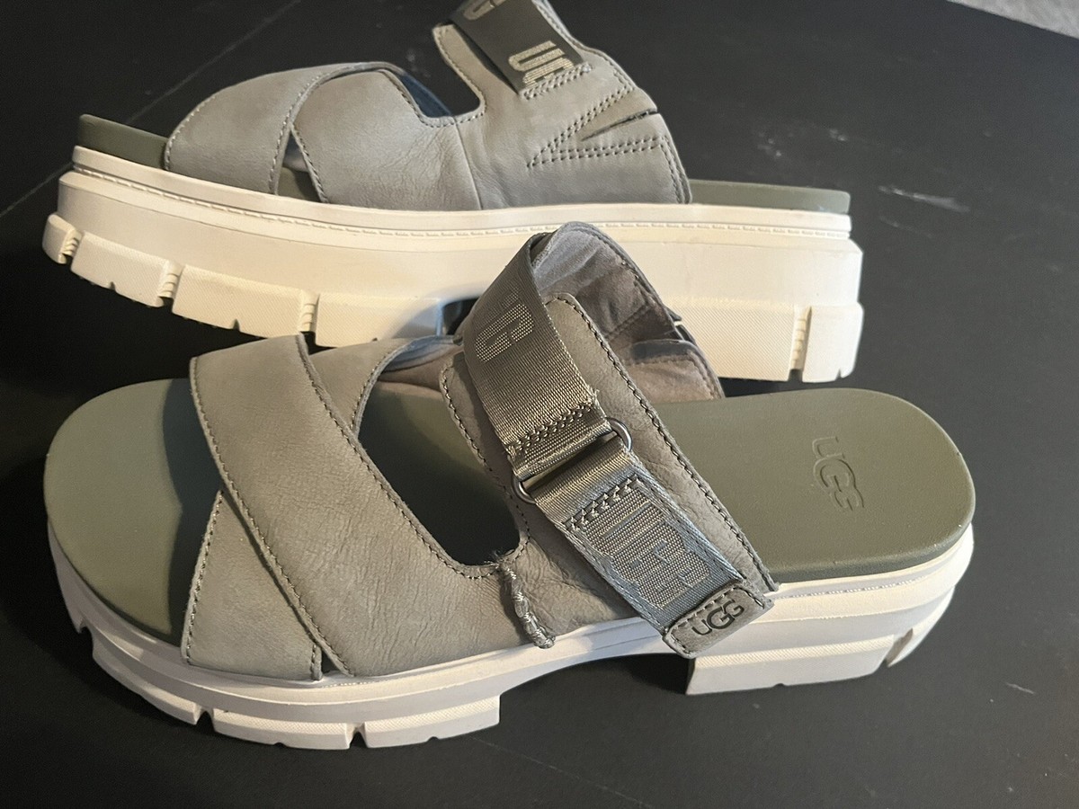 UGG ASHTON SLIDE GREY LEATHER LOGO PLATFORM SANDALS US 12