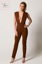 House of CB style 'Ashleigh' Brown Plunge Neck Jumpsuit