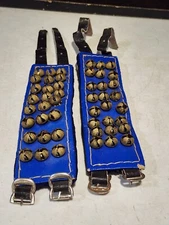 Vintage Brass Ankle Bell Blue Velvet Pad Classical Kathak Dance Adjustable Strap