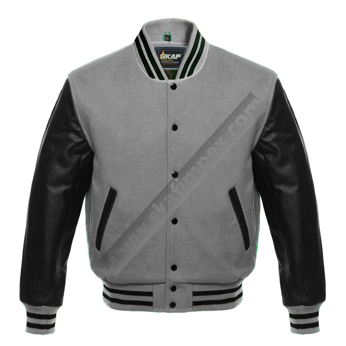 Varsity Letterman Baseball Bomber Jacket Grey Wool Black Real