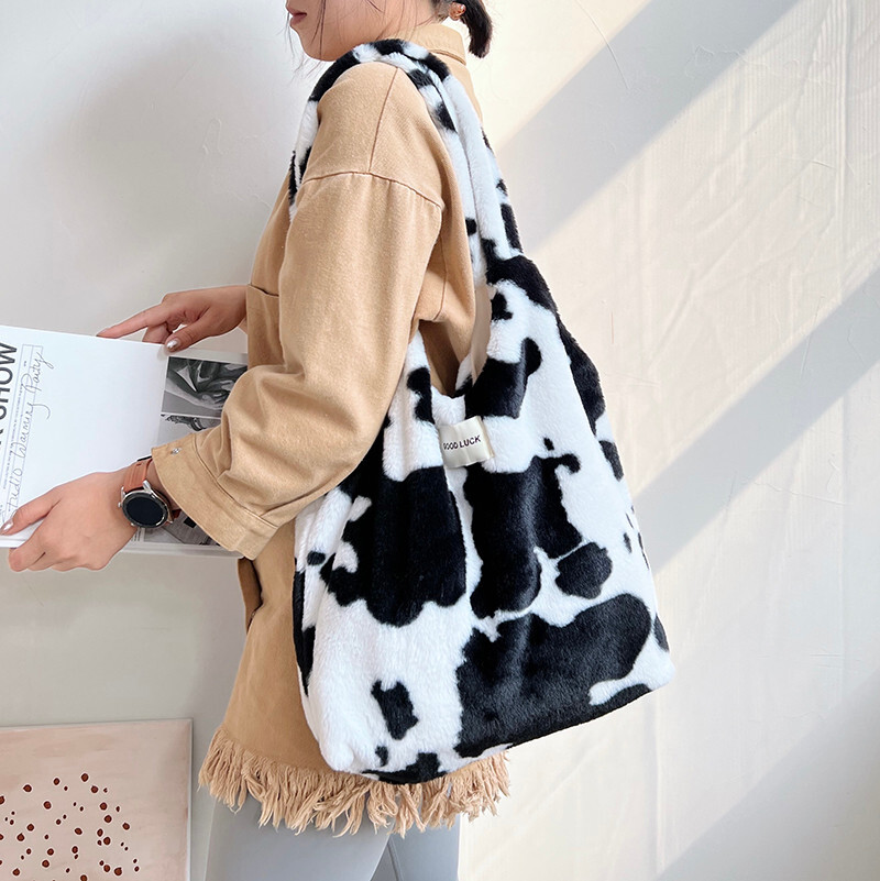 Women's Milk Cow Print Handbag Cow Shoulder Bag Plush Faux Fur Tote Bag Bucket