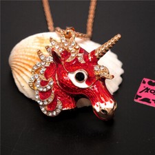 New Red Enamel Rhinestone Unicorn Head Pendant Holiday gifts Chain Necklace