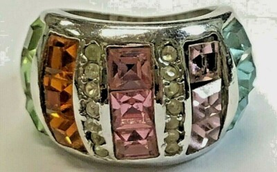 Silver Tone Colorful Rhinestone Ring Size 6
