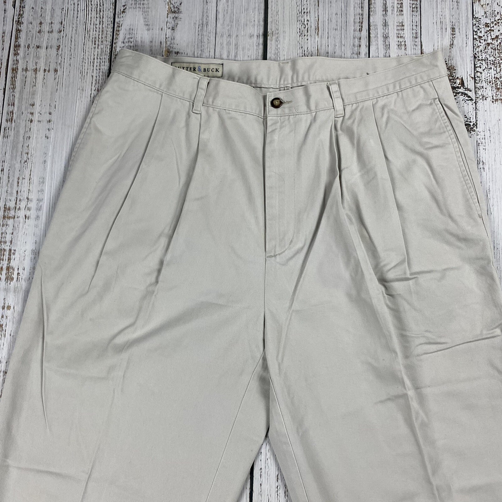 VTG CUTTER AND BUCK MENS STONE KHAKIS PLEATED SLACKS TROUSERS 38X34