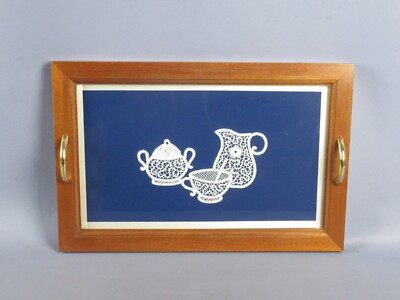 Tablett mit Spitze Cantu Service, Teetasse Holz Glas Messing Vintage Fine Xx Sec