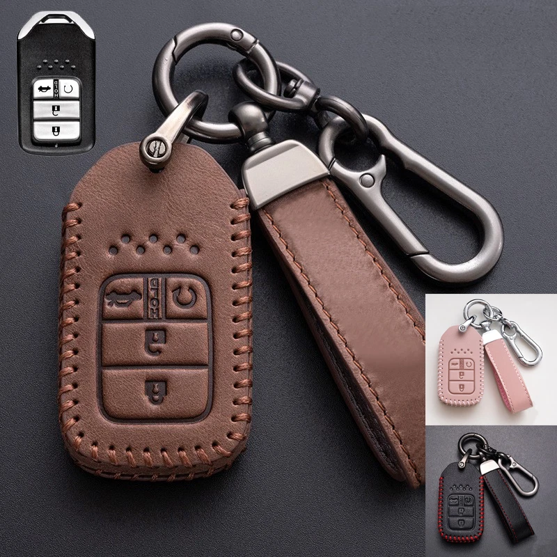 For Honda Civic Accord C-RV HRV Vezel Jazz Real Leather Car Key Fob Case Cover Foto 3 de 4
