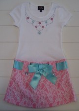 Girls Lilt White Coral Green Rhinestone Short Sleeve Lace Dress Sz 4 or 5