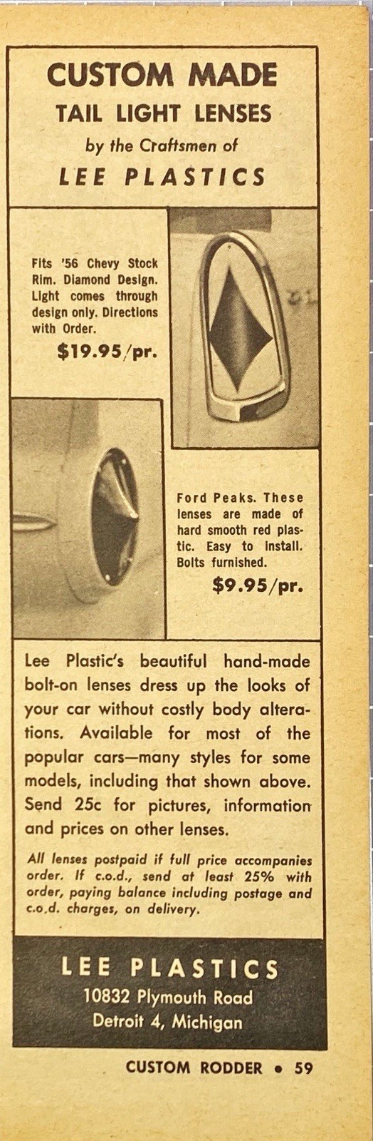 Lee Plastic "Custom Made Tail Light Lenses" Vintage Print Ad 1961 Detroit, Mi.