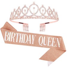 CAVETEE Birthday Crowns for Women Birthday Queen Sash  Rhinestone Tiara Set ...