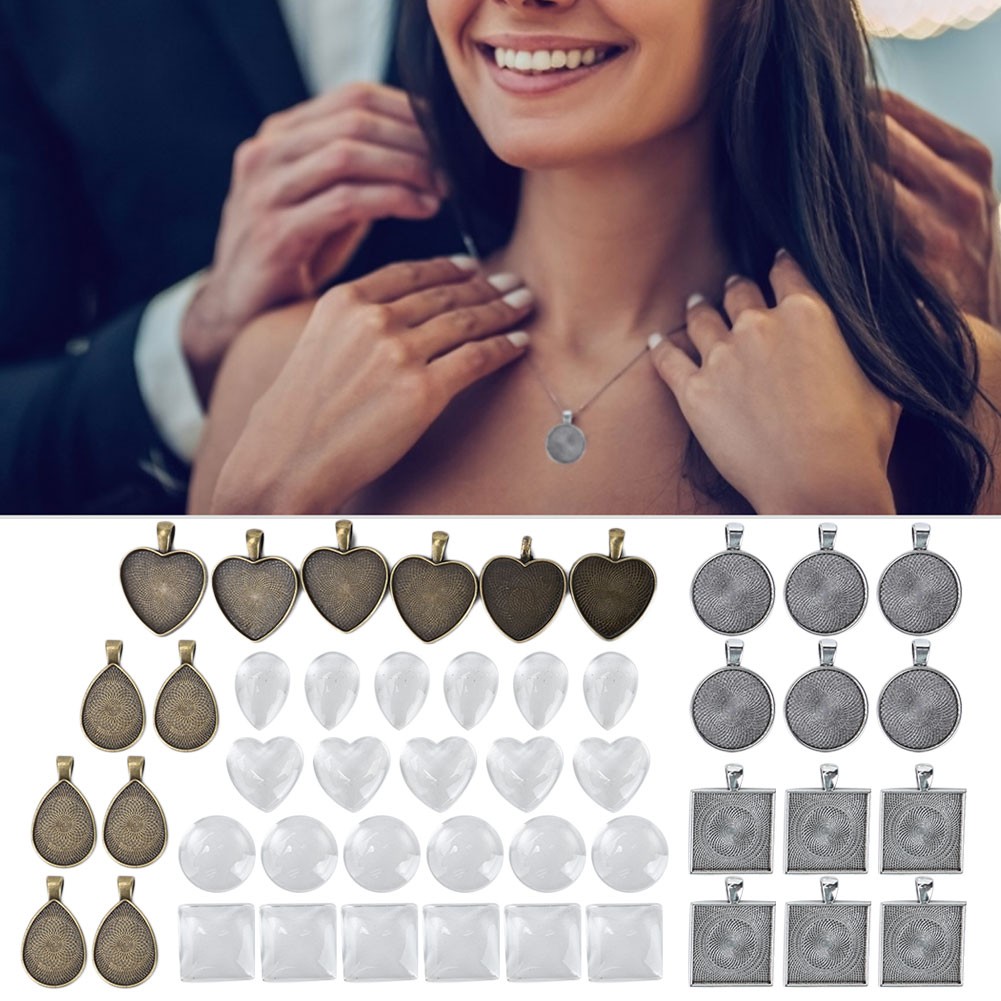 48pcs Metal Round DropShaped Pendant Base Tray Glass Domes Jewelry DIY Tool