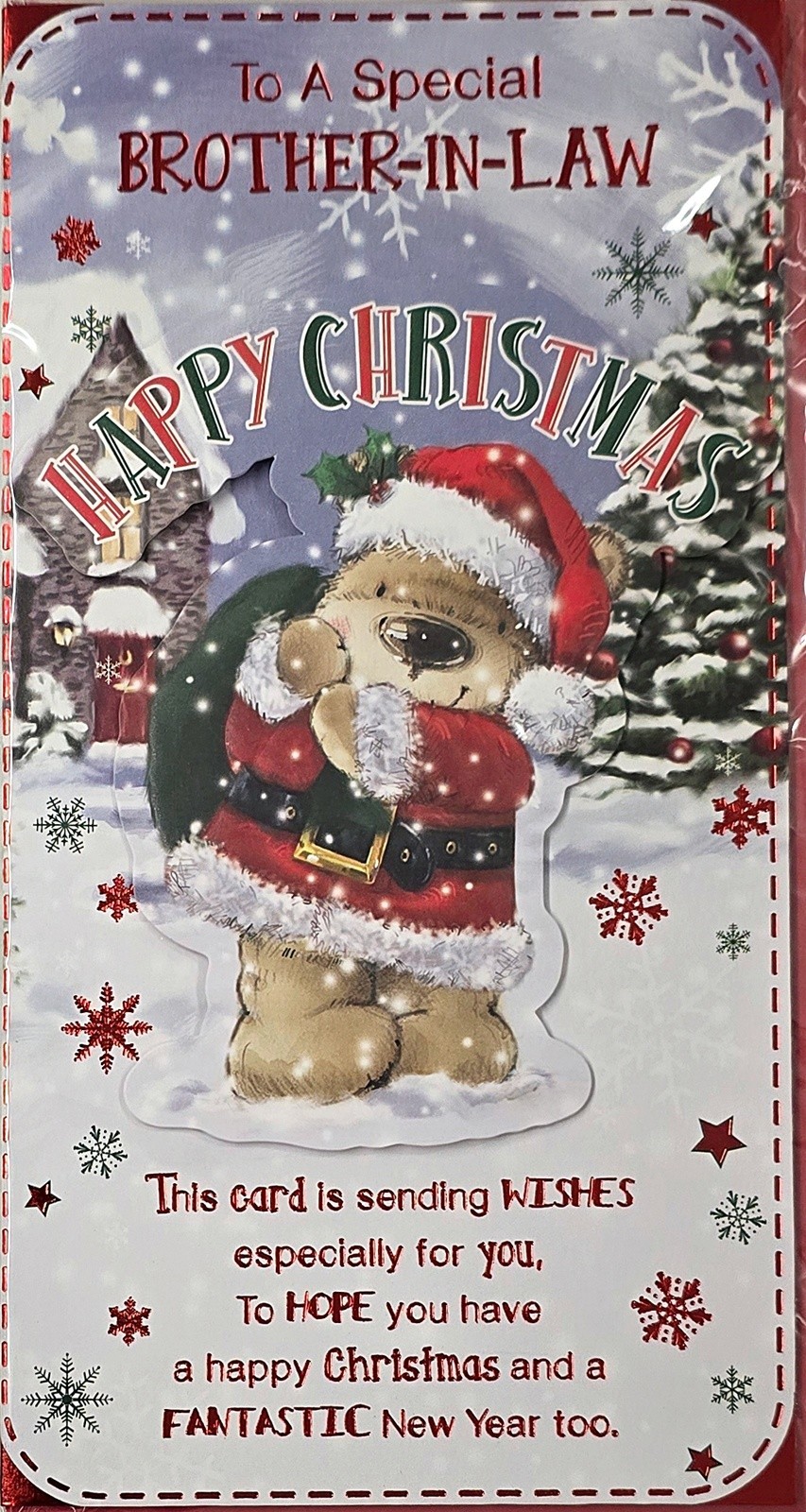 Merry Happy Christmas Card To a Special Brother in Law Cute Santa Bear Red Foil