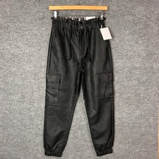 NEW Kancan Los Angeles Black Faux Leather Cargo Pants High Waisted Drawstring L