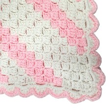 Vintage Handmade Pink White Striped Crochet Baby Blanket C2C Scalloped Cottage