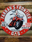 VINTAGE KANSAS ROUTE 66 PORCELAIN SIGN FARRAHS FRONTIER GAS INDIAN MOTORCYCLE