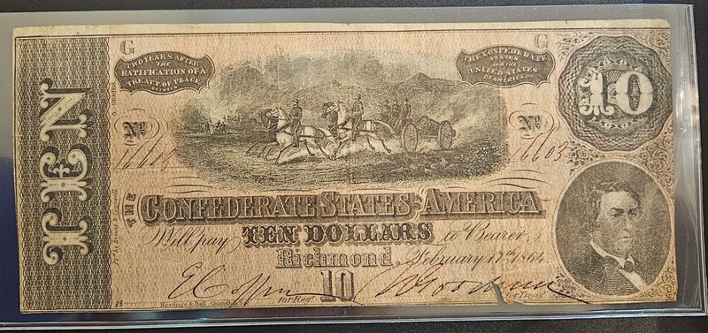 1864 $10 Confederate States of America Note T-68 Civil War Currency SN16603