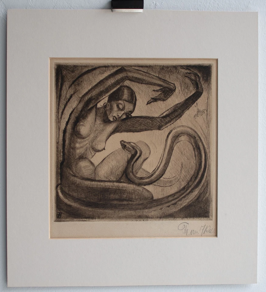 Frauenakt mit Schlange Jugendstil signiert Monogramm Radierung Anfang 20 Jhd - Bild 2 von 4